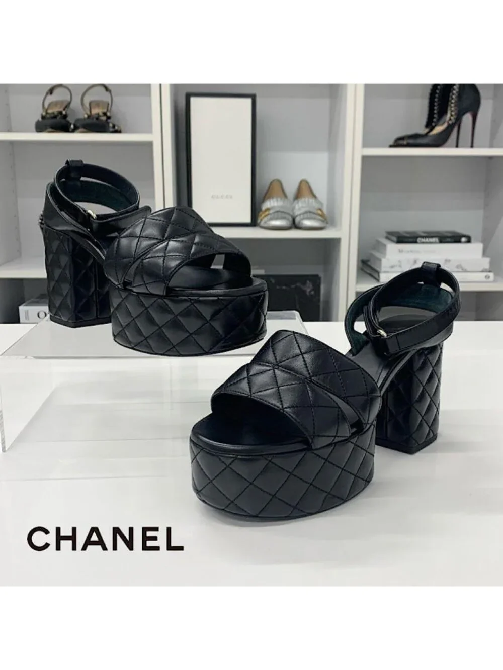 Chanel CC Logo Leather Quilted Strap Sandals Black